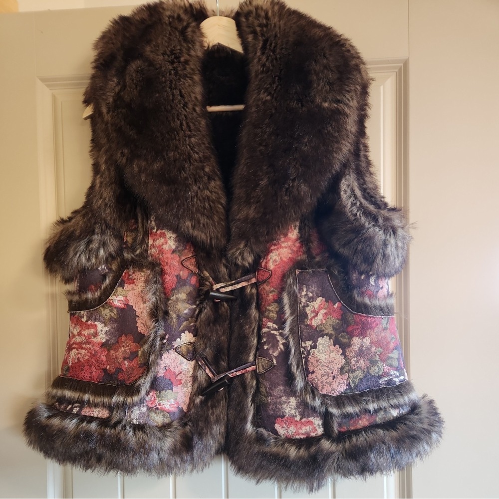 PARKHURST  Ladies L Exquisite Dressy Winter Coat Vest Faux Suede & Fur Brown